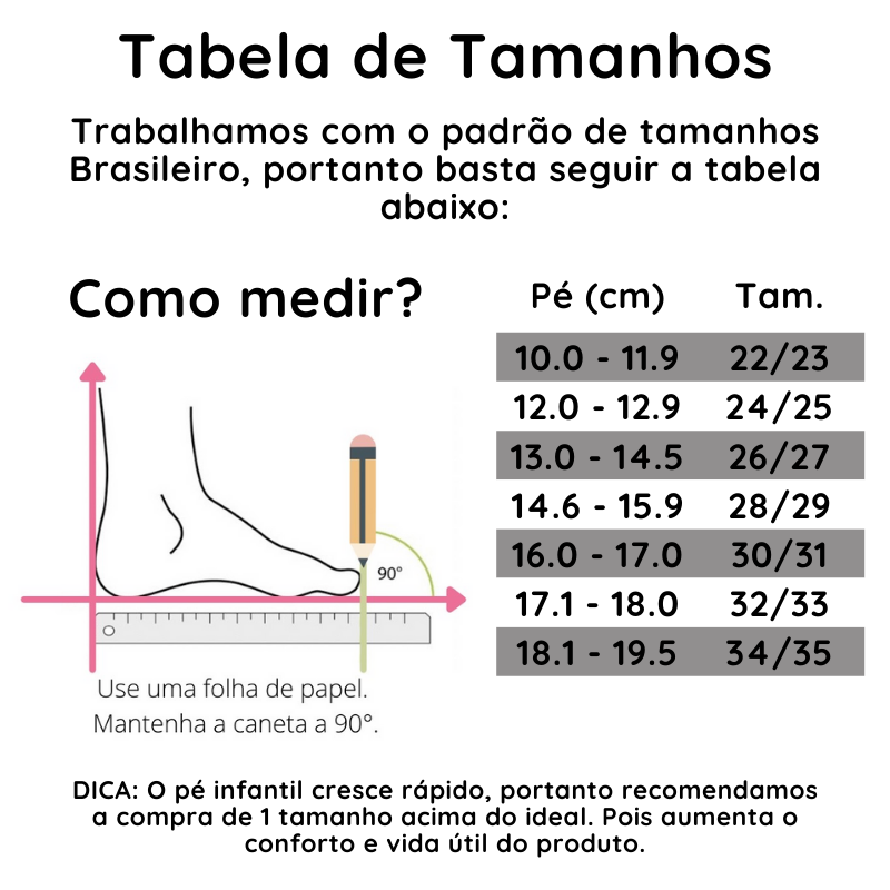 tabela de tamanhos sapatilha aquatica antiderrapante infantil